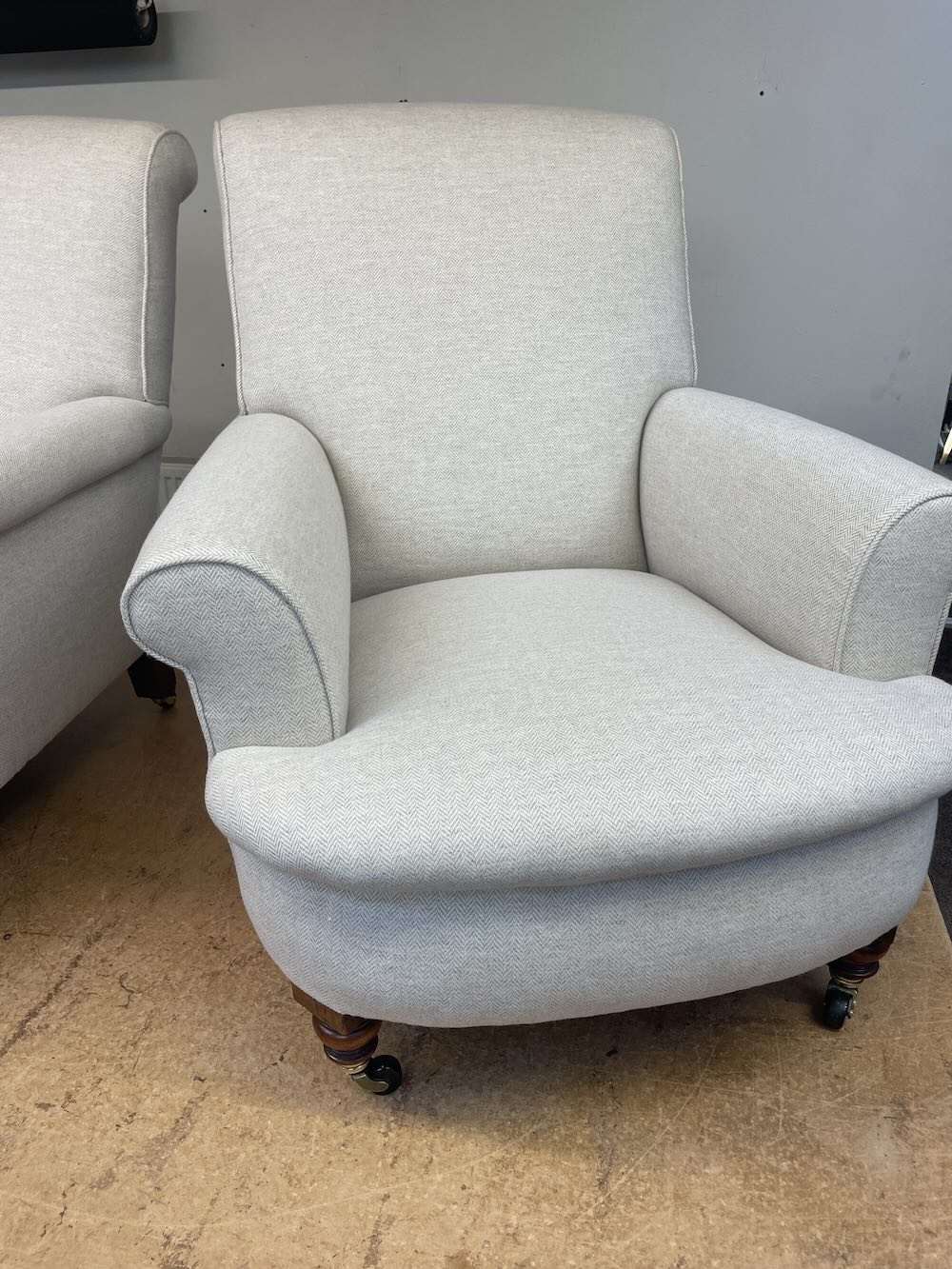 Pair grey traditional armchairs Pair grey traditional armchairs